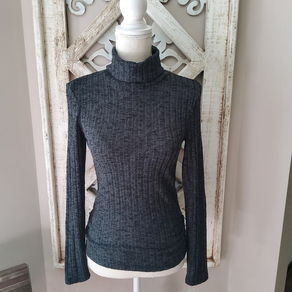Emily Daniels Grunge Charcoal Marble Ribbed Knit Turtleneck Top Small